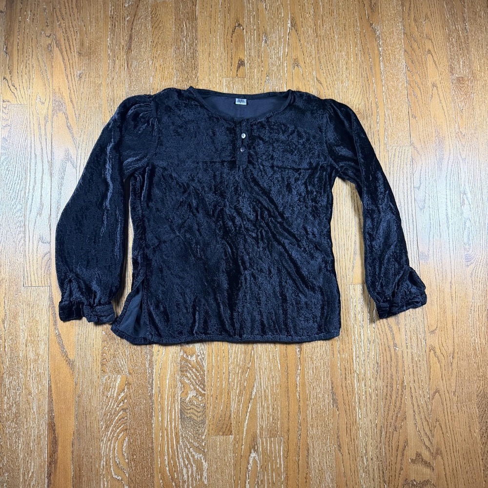 VTG Crushed Velvet Tunic Blouse Womens Small Black Long Sleeve Romantic Goth Top